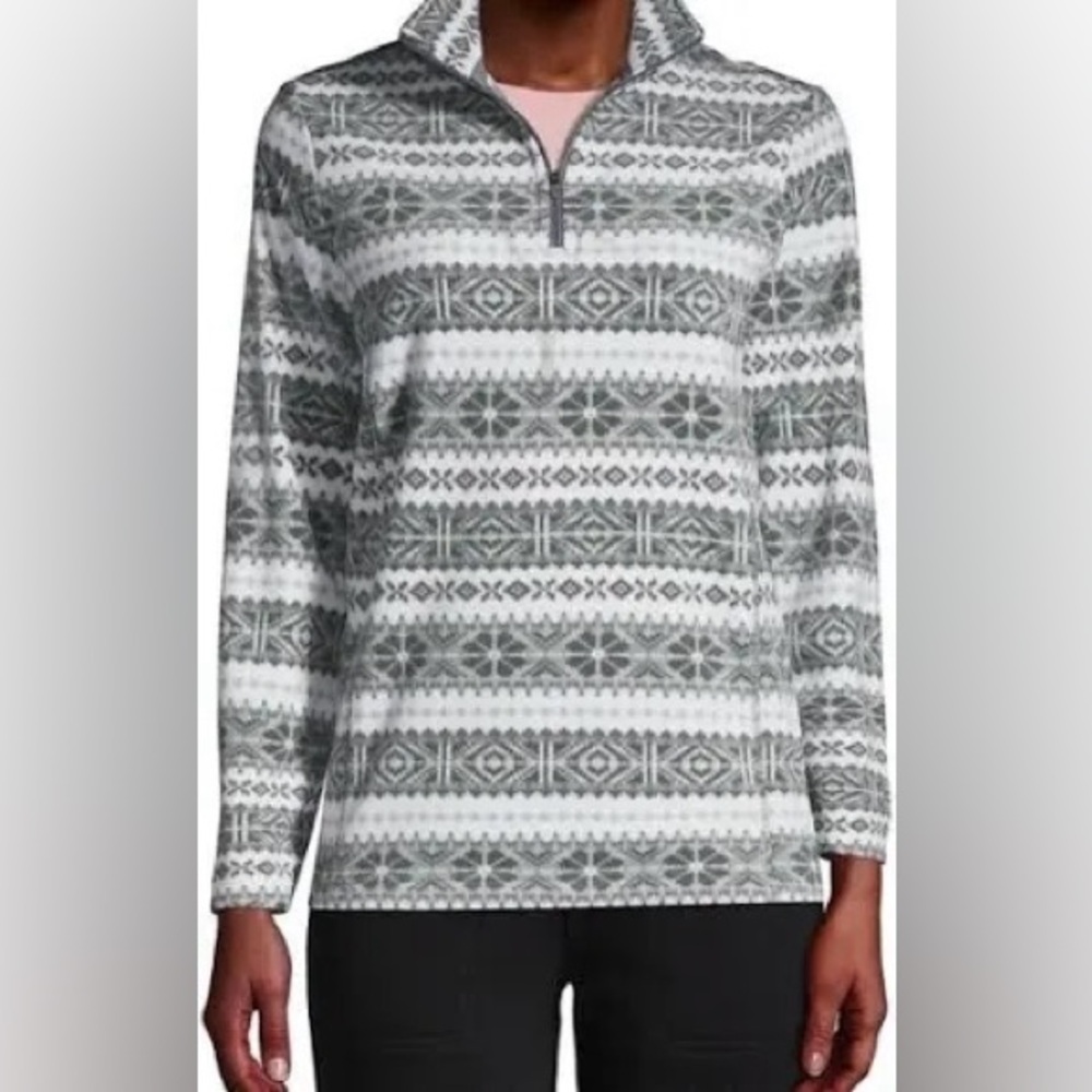 Lands' End Women’s Gray/White Snowflake Design Fleece Quarter Zip. Size XL-NWOT.